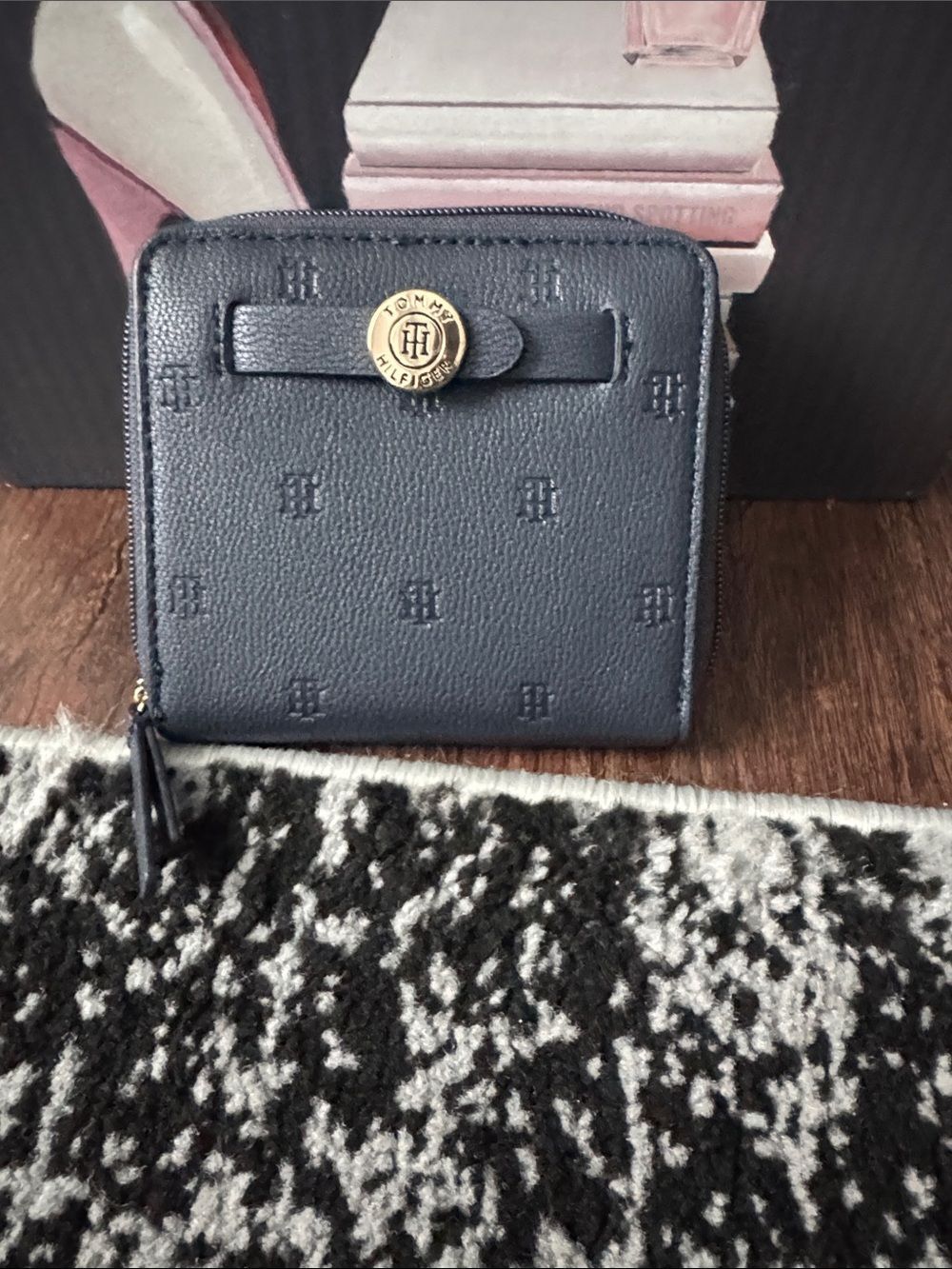 Tommy Hilfiger Dark Blue Logo-Embossed Zip Wallet with Gold-Tone Button